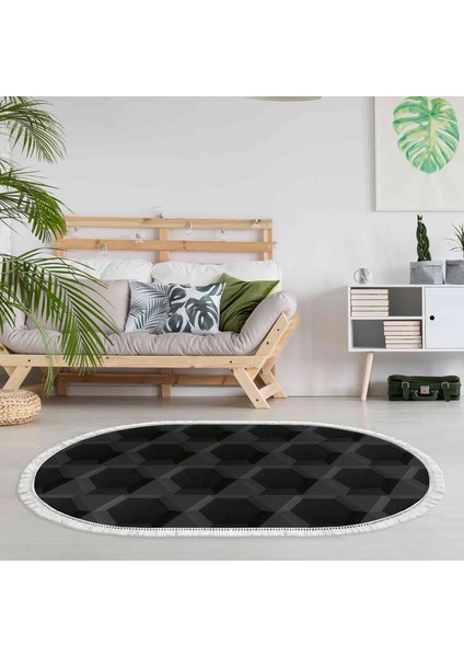 Kaymaz Dijital Mutfak & Salon Halı Yıldız Deri Saçaklı Oval Geometrik E5016 Siyah