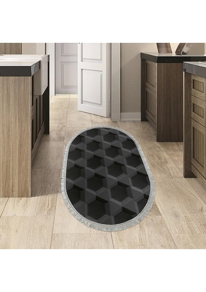 Kaymaz Dijital Mutfak & Salon Halı Yıldız Deri Saçaklı Oval Geometrik E5016 Siyah indirimleri