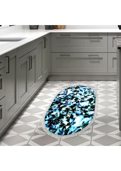 Kaymaz Dijital Mutfak & Salon Halı Yıldız Deri Saçaklı Oval Geometrik E5012 Mavi