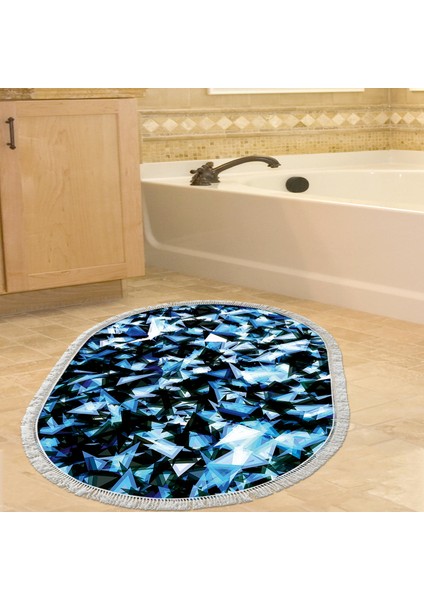 Kaymaz Dijital Mutfak & Salon Halı Yıldız Deri Saçaklı Oval Geometrik E5012 Mavi