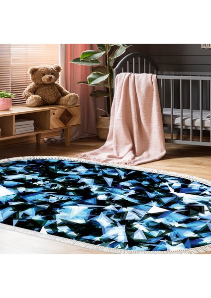 Kaymaz Dijital Mutfak & Salon Halı Yıldız Deri Saçaklı Oval Geometrik E5012 Mavi