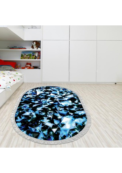 Kaymaz Dijital Mutfak & Salon Halı Yıldız Deri Saçaklı Oval Geometrik E5012 Mavi