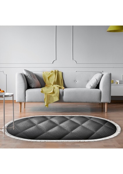 Kaymaz Dijital Mutfak & Salon Halı Star Pamuk Saçaklı Oval Geometrik E5013 Siyah