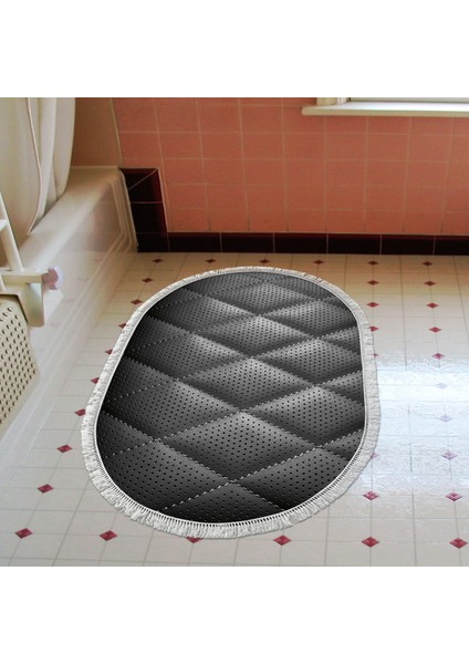 Kaymaz Dijital Mutfak & Salon Halı Star Pamuk Saçaklı Oval Geometrik E5013 Siyah