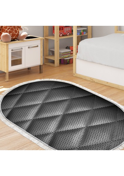 Kaymaz Dijital Mutfak & Salon Halı Star Pamuk Saçaklı Oval Geometrik E5013 Siyah