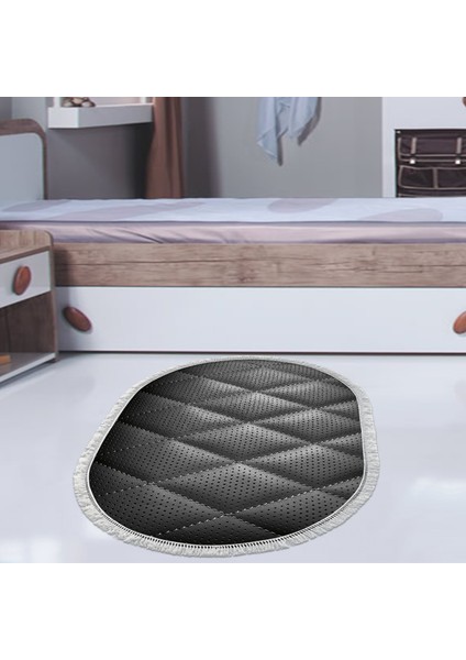 Kaymaz Dijital Mutfak & Salon Halı Star Pamuk Saçaklı Oval Geometrik E5013 Siyah
