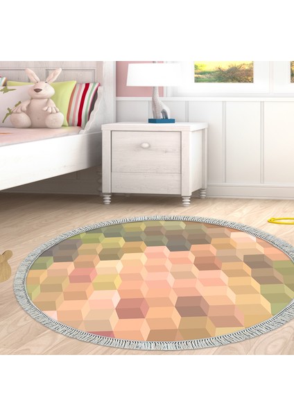 Kaymaz Dijital Mutfak & Salon Halı Yıldız Deri Saçaklı Yuvarlak Geometrik E5014 Renkli