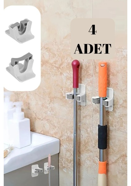 4'lü Paspas Süpürge ve Fırça Askısı, Mutfak ve Banyo Için Beyaz Renk