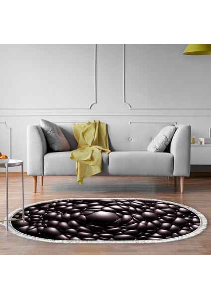 Kaymaz Dijital Mutfak & Salon Halı Yıldız Deri Saçaklı Oval Geometrik E5009 Siyah