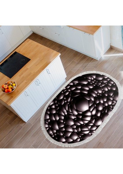 Kaymaz Dijital Mutfak & Salon Halı Yıldız Deri Saçaklı Oval Geometrik E5009 Siyah