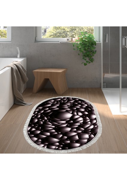 Kaymaz Dijital Mutfak & Salon Halı Yıldız Deri Saçaklı Oval Geometrik E5009 Siyah