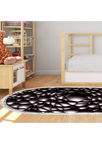 Kaymaz Dijital Mutfak & Salon Halı Yıldız Deri Saçaklı Oval Geometrik E5009 Siyah