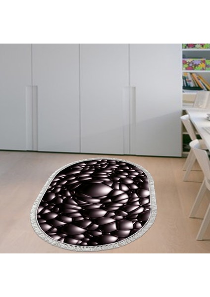 Kaymaz Dijital Mutfak & Salon Halı Yıldız Deri Saçaklı Oval Geometrik E5009 Siyah