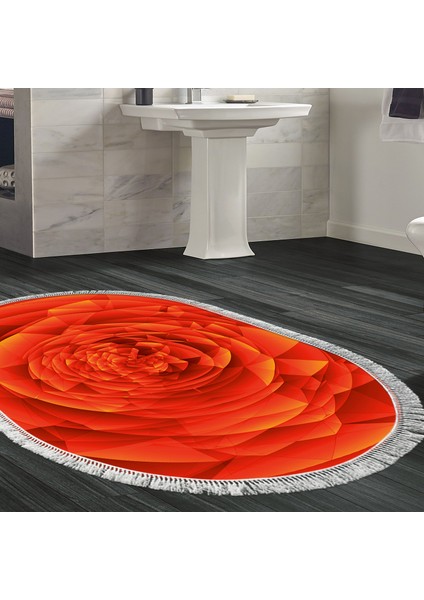 Kaymaz Dijital Mutfak & Salon Halı Yıldız Deri Saçaklı Oval Geometrik E5011 Turuncu