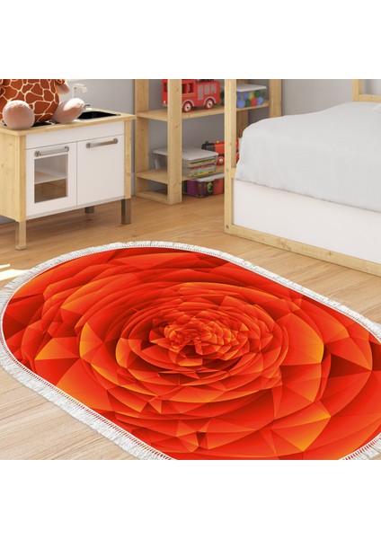 Kaymaz Dijital Mutfak & Salon Halı Yıldız Deri Saçaklı Oval Geometrik E5011 Turuncu