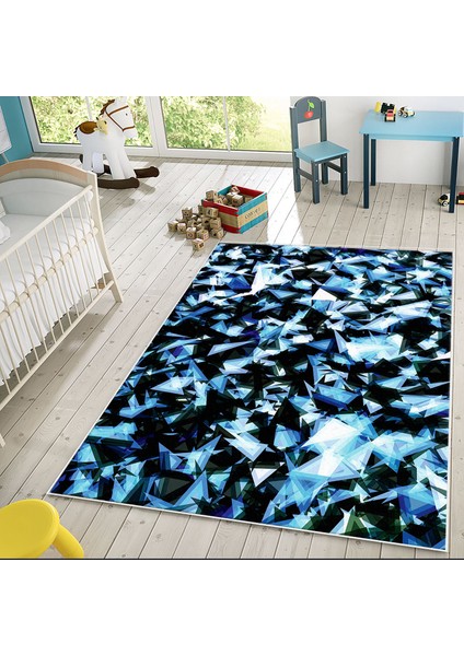 Kaymaz Dijital Mutfak & Salon Halı Yıldız Deri Geometrik E5012 Mavi