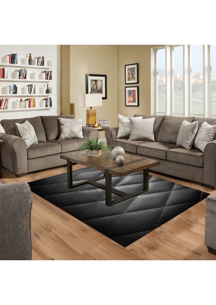 Kaymaz Dijital Mutfak & Salon Halı Star Pamuk Geometrik E5013 Siyah