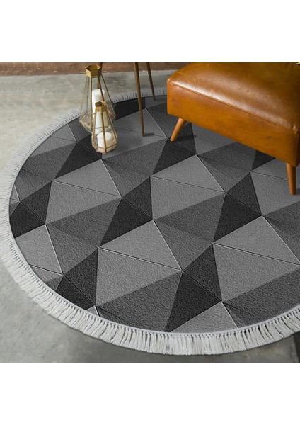 Kaymaz Dijital Mutfak & Salon Halı Yıldız Deri Saçaklı Yuvarlak Geometrik E5010 Gri