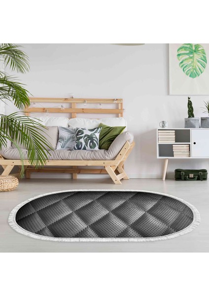Kaymaz Dijital Mutfak & Salon Halı Trend Saçaklı Oval Geometrik E5013 Siyah