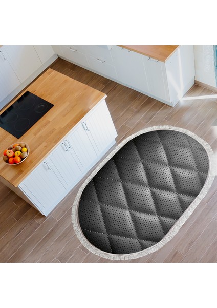 Kaymaz Dijital Mutfak & Salon Halı Trend Saçaklı Oval Geometrik E5013 Siyah