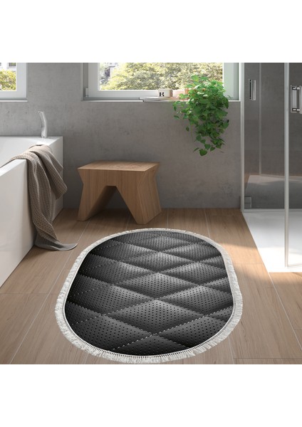 Kaymaz Dijital Mutfak & Salon Halı Trend Saçaklı Oval Geometrik E5013 Siyah