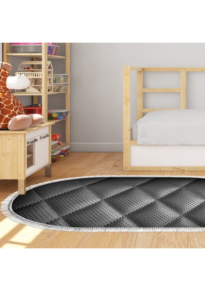 Kaymaz Dijital Mutfak & Salon Halı Trend Saçaklı Oval Geometrik E5013 Siyah
