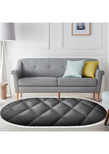 Kaymaz Dijital Mutfak & Salon Halı Yıldız Deri Saçaklı Oval Geometrik E5013 Siyah