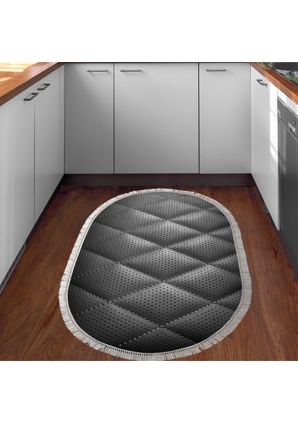 Kaymaz Dijital Mutfak & Salon Halı Yıldız Deri Saçaklı Oval Geometrik E5013 Siyah