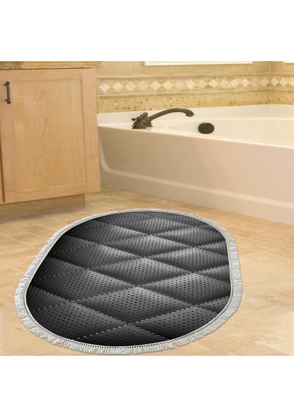 Kaymaz Dijital Mutfak & Salon Halı Yıldız Deri Saçaklı Oval Geometrik E5013 Siyah
