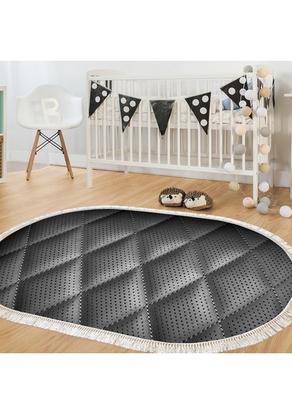 Kaymaz Dijital Mutfak & Salon Halı Yıldız Deri Saçaklı Oval Geometrik E5013 Siyah
