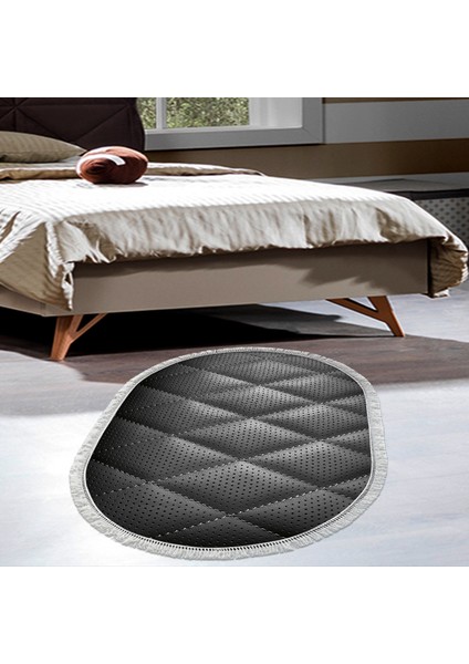 Kaymaz Dijital Mutfak & Salon Halı Yıldız Deri Saçaklı Oval Geometrik E5013 Siyah