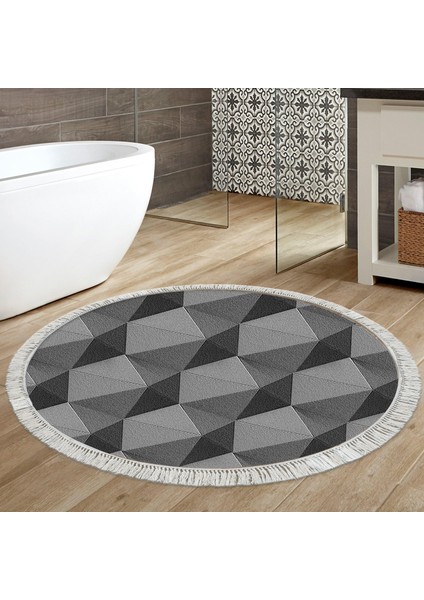 Kaymaz Dijital Mutfak & Salon Halı Yıldız Deri Saçaklı Yuvarlak Geometrik E5010 Gri