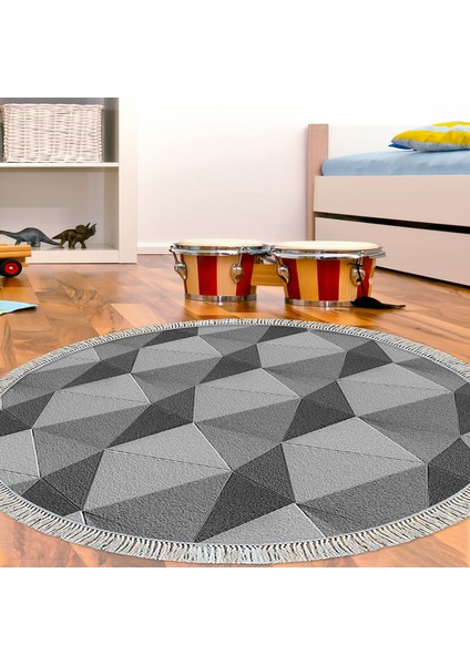 Kaymaz Dijital Mutfak & Salon Halı Yıldız Deri Saçaklı Yuvarlak Geometrik E5010 Gri