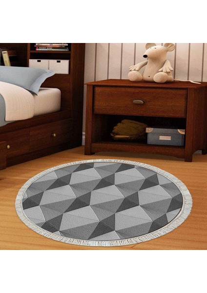 Kaymaz Dijital Mutfak & Salon Halı Yıldız Deri Saçaklı Yuvarlak Geometrik E5010 Gri