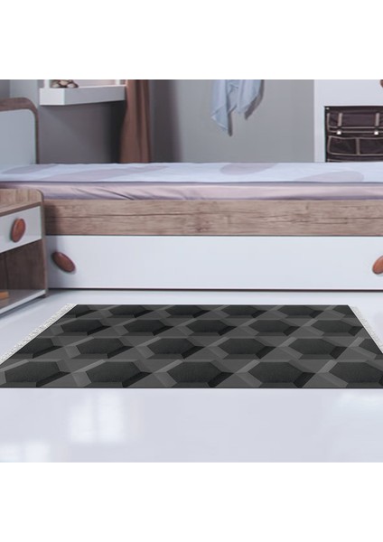 Kaymaz Dijital Mutfak & Salon Halı Yıldız Deri Saçaklı Geometrik E5016 Siyah