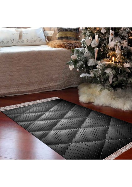 Kaymaz Dijital Mutfak & Salon Halı Star Pamuk Saçaklı Geometrik E5013 Siyah