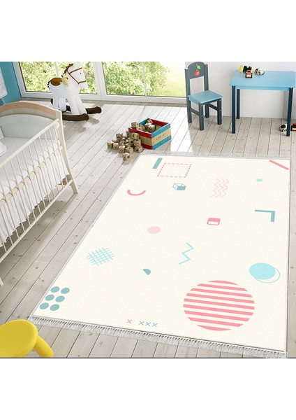Kaymaz Dijital Mutfak & Salon Halı Star Pamuk Saçaklı Geometrik E5015 Beyaz