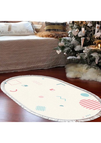 Kaymaz Dijital Mutfak & Salon Halı Trend Saçaklı Oval Geometrik E5015 Beyaz