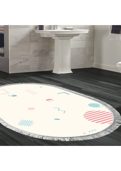 Kaymaz Dijital Mutfak & Salon Halı Trend Saçaklı Oval Geometrik E5015 Beyaz