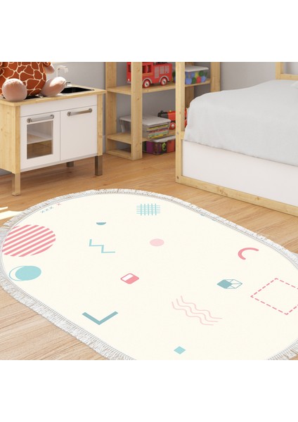 Kaymaz Dijital Mutfak & Salon Halı Trend Saçaklı Oval Geometrik E5015 Beyaz