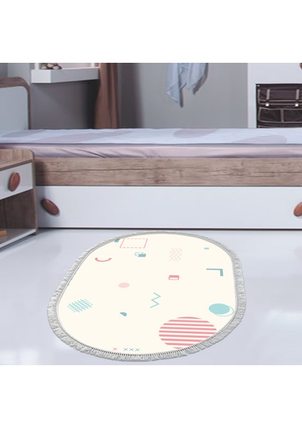 Kaymaz Dijital Mutfak & Salon Halı Trend Saçaklı Oval Geometrik E5015 Beyaz