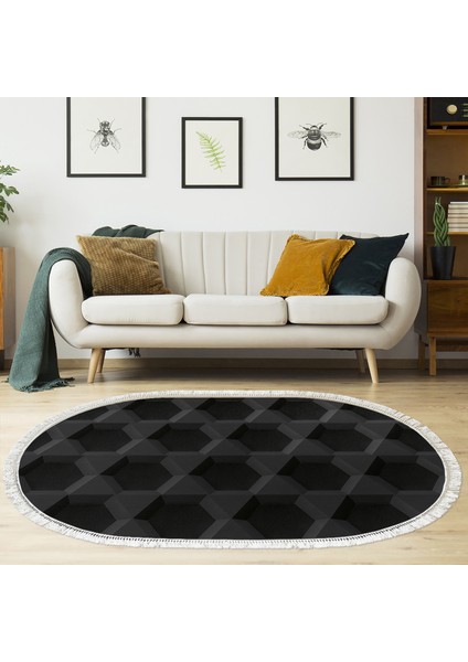 Kaymaz Dijital Mutfak & Salon Halı Star Pamuk Saçaklı Oval Geometrik E5016 Siyah