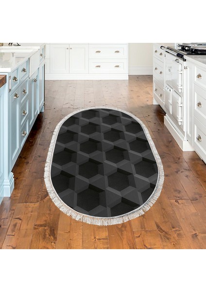 Kaymaz Dijital Mutfak & Salon Halı Star Pamuk Saçaklı Oval Geometrik E5016 Siyah indirimleri