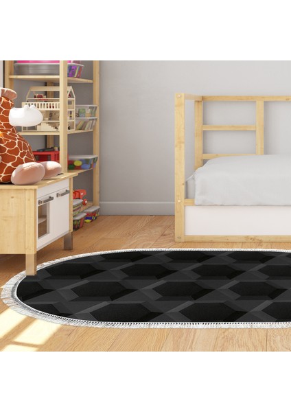 Kaymaz Dijital Mutfak & Salon Halı Star Pamuk Saçaklı Oval Geometrik E5016 Siyah