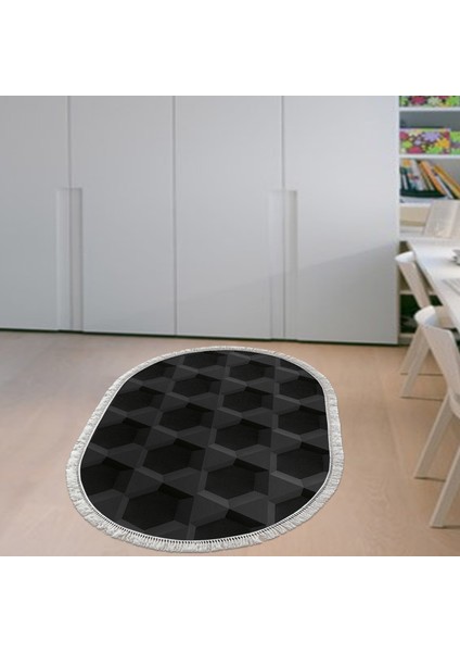 Kaymaz Dijital Mutfak & Salon Halı Star Pamuk Saçaklı Oval Geometrik E5016 Siyah