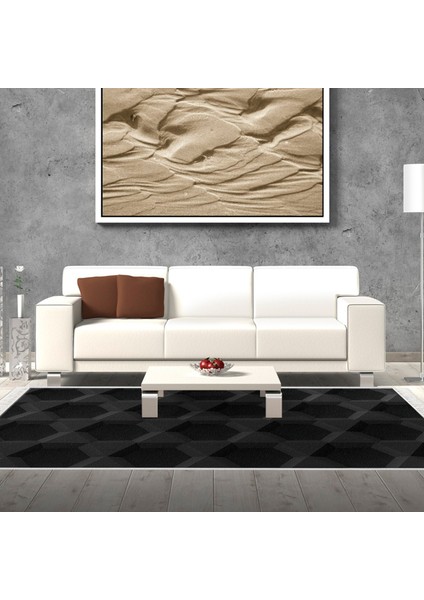 Kaymaz Dijital Mutfak & Salon Halı Star Pamuk Saçaklı Geometrik E5016 Siyah