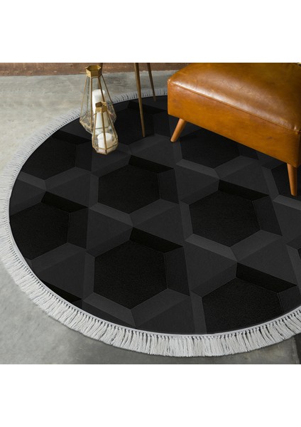 Kaymaz Dijital Mutfak & Salon Halı Yıldız Deri Saçaklı Yuvarlak Geometrik E5016 Siyah