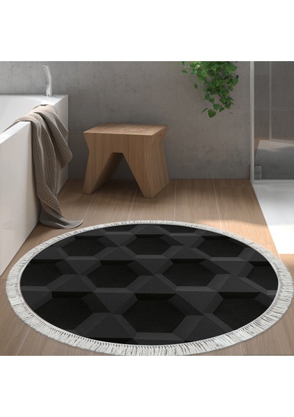 Kaymaz Dijital Mutfak & Salon Halı Yıldız Deri Saçaklı Yuvarlak Geometrik E5016 Siyah