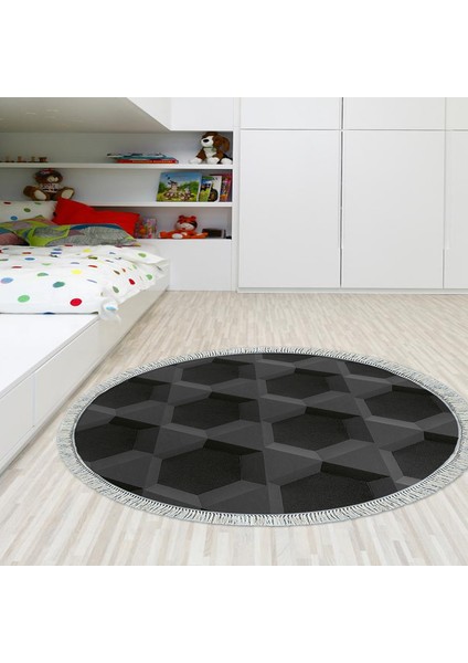 Kaymaz Dijital Mutfak & Salon Halı Yıldız Deri Saçaklı Yuvarlak Geometrik E5016 Siyah