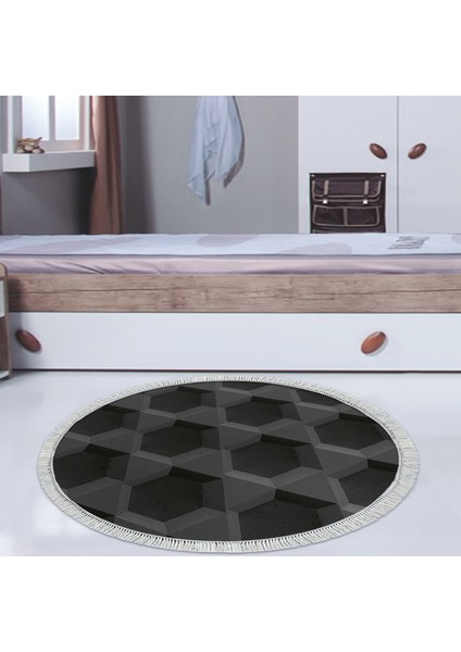 Kaymaz Dijital Mutfak & Salon Halı Yıldız Deri Saçaklı Yuvarlak Geometrik E5016 Siyah